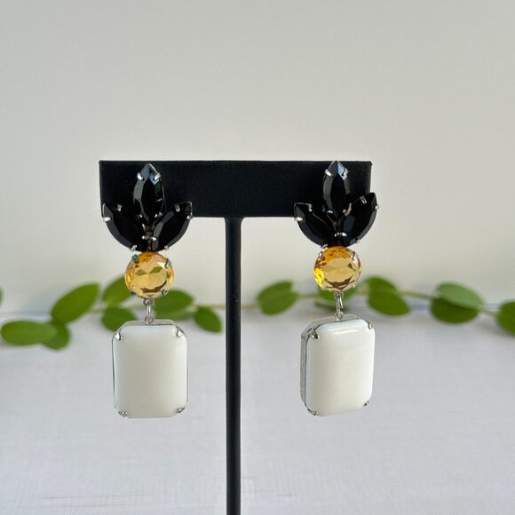 1990s Clip-On Statement Earrings, Black Navette, Yellow and White Glass Drops - Picture 6 of 6
